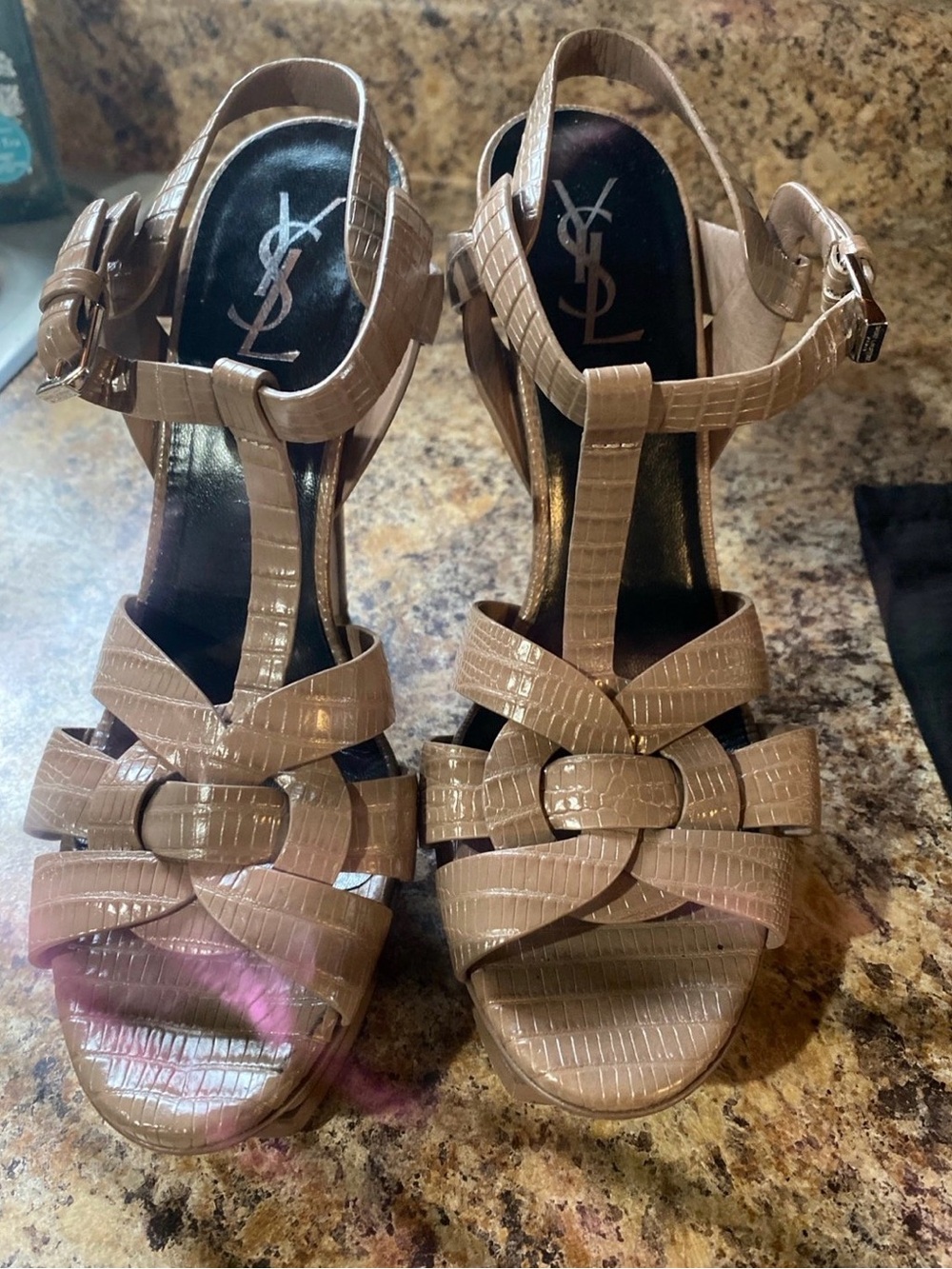 Saint Laurent Nude Tribute Croc-Embossed Leather T-Strap Heels